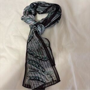 Jones New York Long Rectangle 100% Silk Paisley Scarf Green Black Gray 52" x 10"